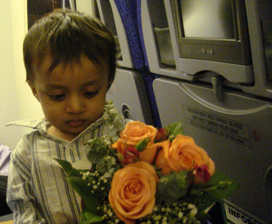 Rishi as a toddler on a plane, holding a bunch of orange roses.